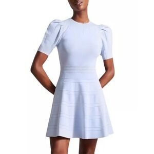 Ted Baker Velvey Puff Sleeve Knit Dress Textured-Knit Round Neck Baby Blue Sz 8